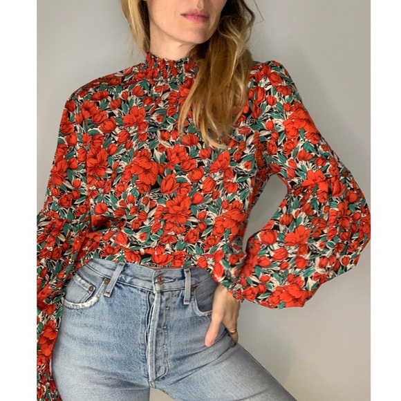 Vintage Floral Rose Cropped Puff Sleeve 70s Style Statement Party Blouse - Picture 9 of 15